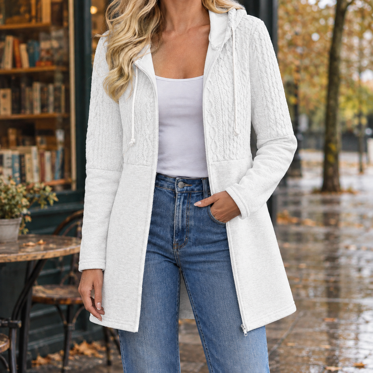 Damen-Strickjacke mit Kapuze in einer stilvollen Ansicht