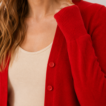 Detailansicht der Knopfleiste am Feinstrickpullover