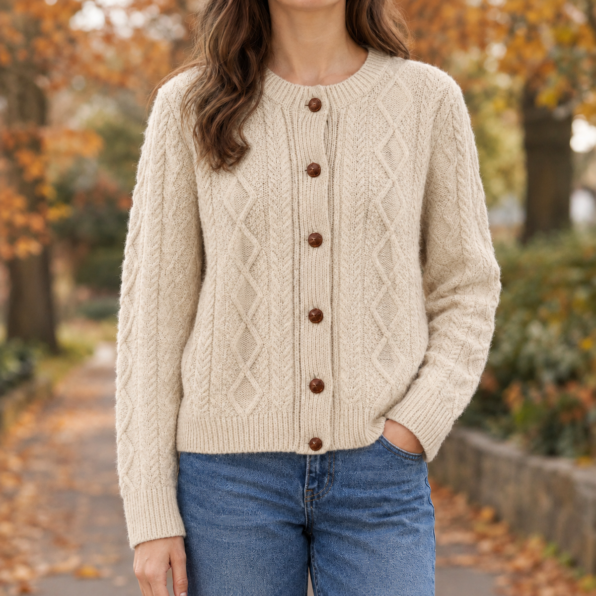 Salbeigrüner Cardigan aus Wolle mit klassischem Rundhalsausschnitt