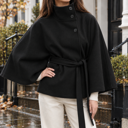 Cape Jacke Mit Stehkragen Und Bindegürtel