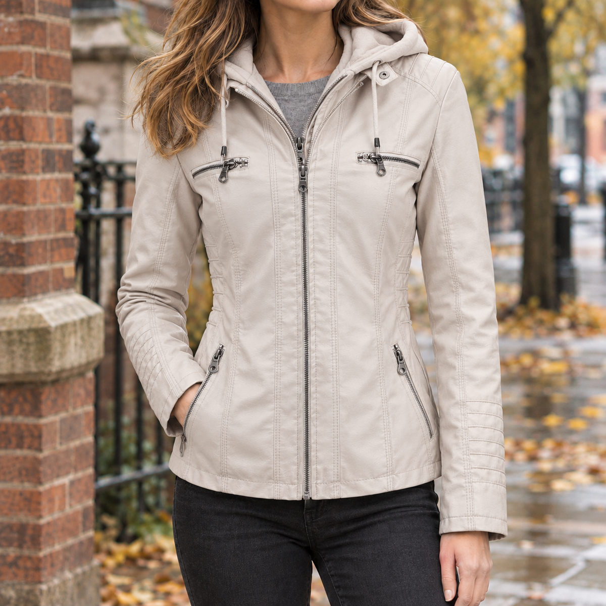Jacke in Lederoptik in seitlicher Ansicht