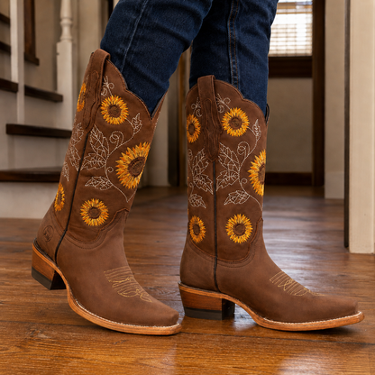 Westernstiefel Mit Sonnenblumenstickerei Und Blockabsatz