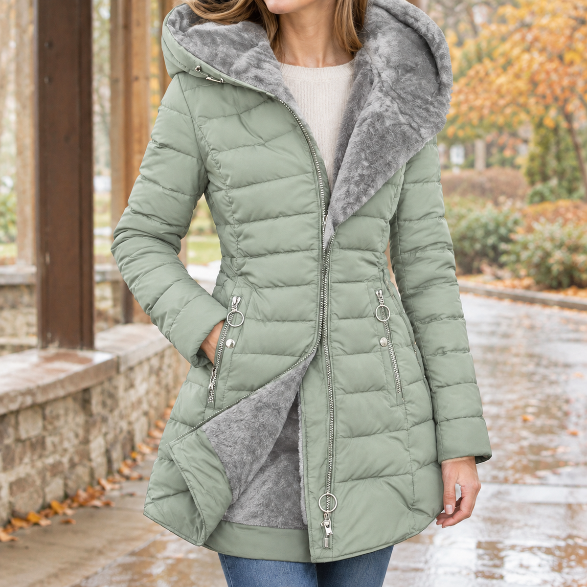 Damen Steppjacke Mit Kapuze Aus Baumwollmix