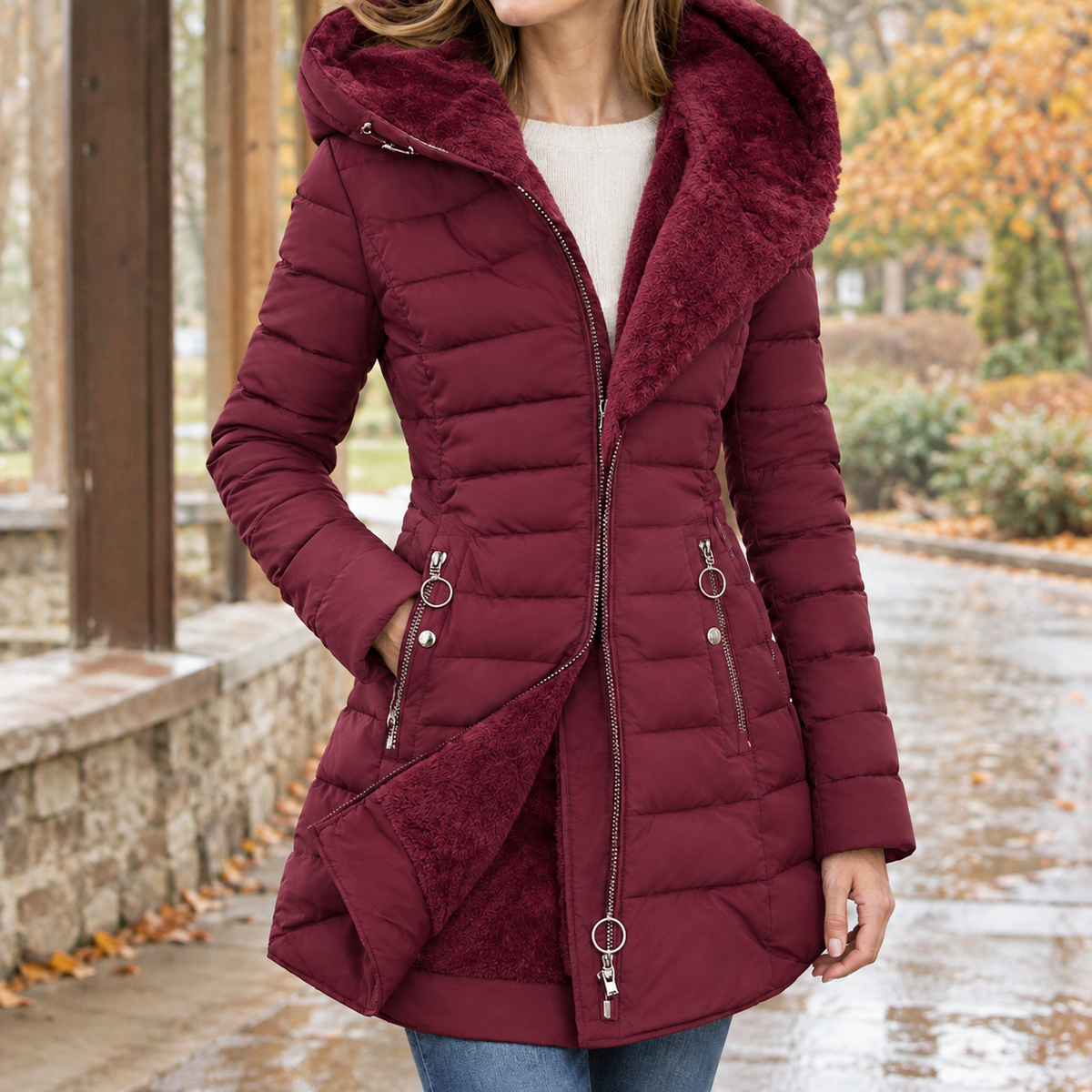 Rückansicht der Damen-Steppjacke mit Kapuze und wärmender Wattierung