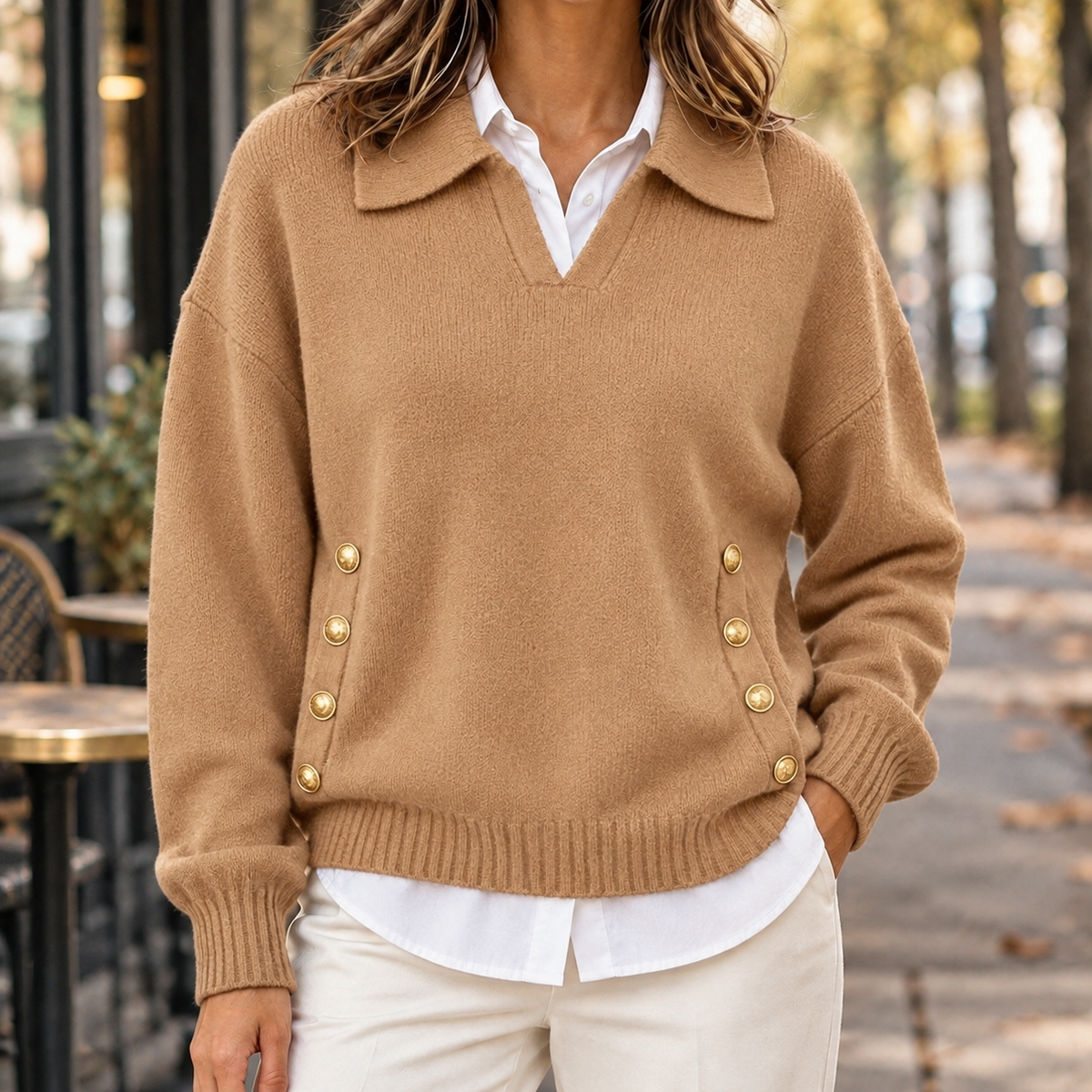 Strickpullover mit Kragen und V-Ausschnitt in kompletter Ansicht