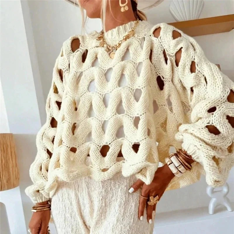 Langärmliger gehäkelter Strickpullover