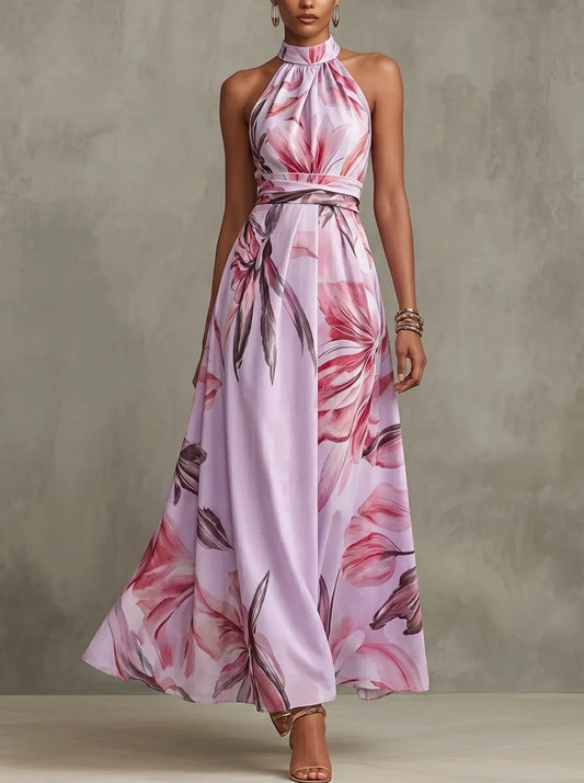 Damen Maxikleid in Rosa mit Blumenprint und Neckholder in voller Länge