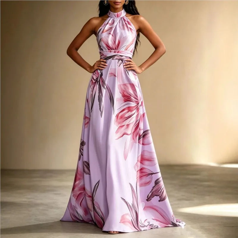 Rosa Maxikleid für Damen mit floralem Muster und hochtaillierter Silhouette