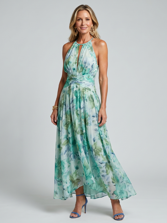 Damen Maxikleid plissiert mit Neckholder in eleganter bodenlanger Silhouette