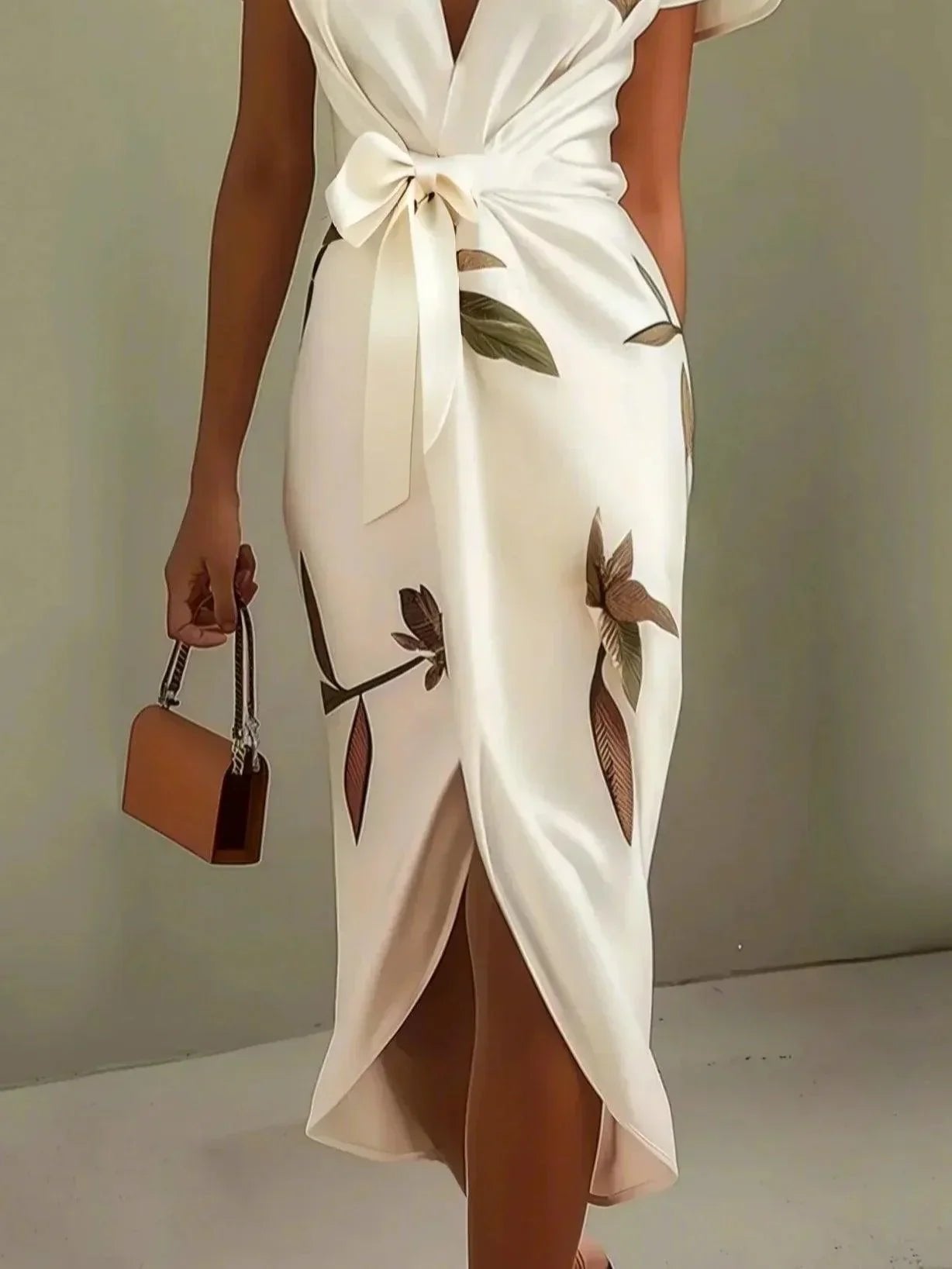 Damen Midikleid mit Blumenprint und Wickeloptik am Model getragen