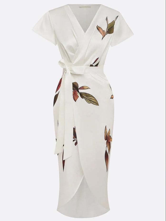 Damen Midikleid mit Blumenprint und Wickeloptik in ganzer Länge