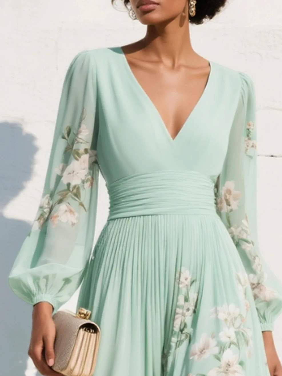 Grünes florales Midikleid für Damen in Rückansicht mit fließender Silhouette