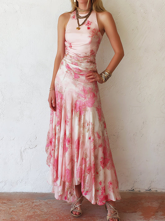 Damen Midikleid in Rosa mit Blumenprint und Neckholder, Vorderansicht