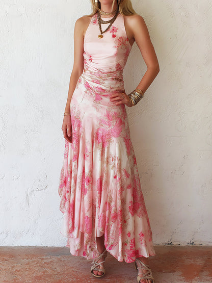 Damen Midikleid Mit Blumenprint Und Neckholder Rosa