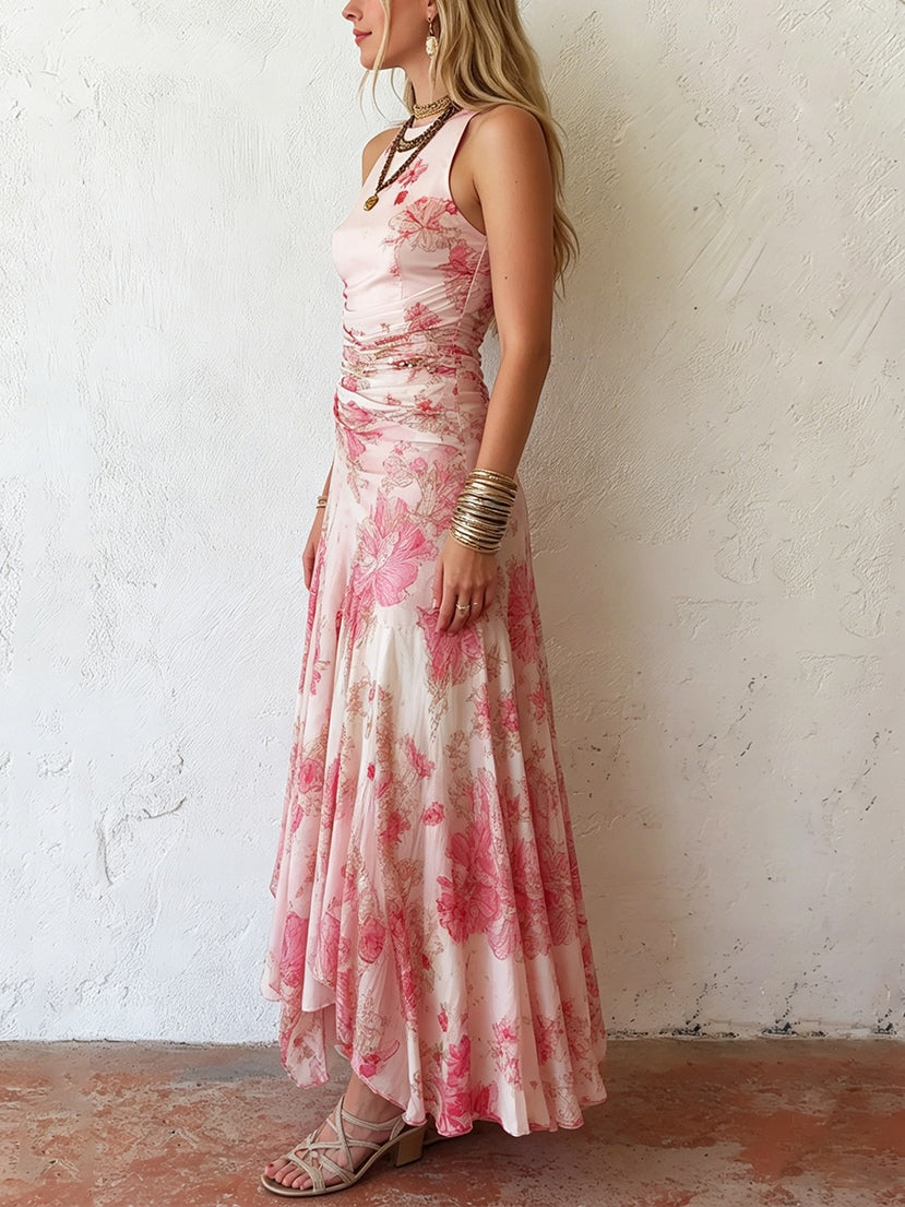 Rosa Midikleid für Damen mit floralem Muster und Neckholder im Detail
