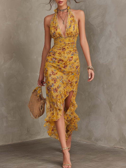 Gelbes Damen-Midikleid mit Blumenprint und Neckholder in Vorderansicht