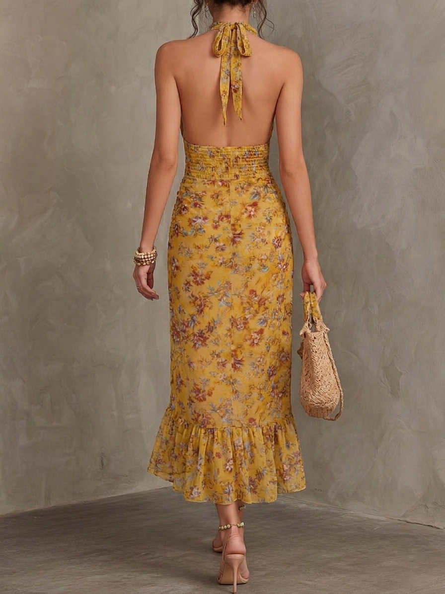 Gelbes Midikleid für Damen mit floralem Muster und schwingendem Rock