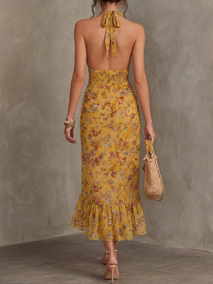 Gelbes Midikleid für Damen mit floralem Muster und schwingendem Rock