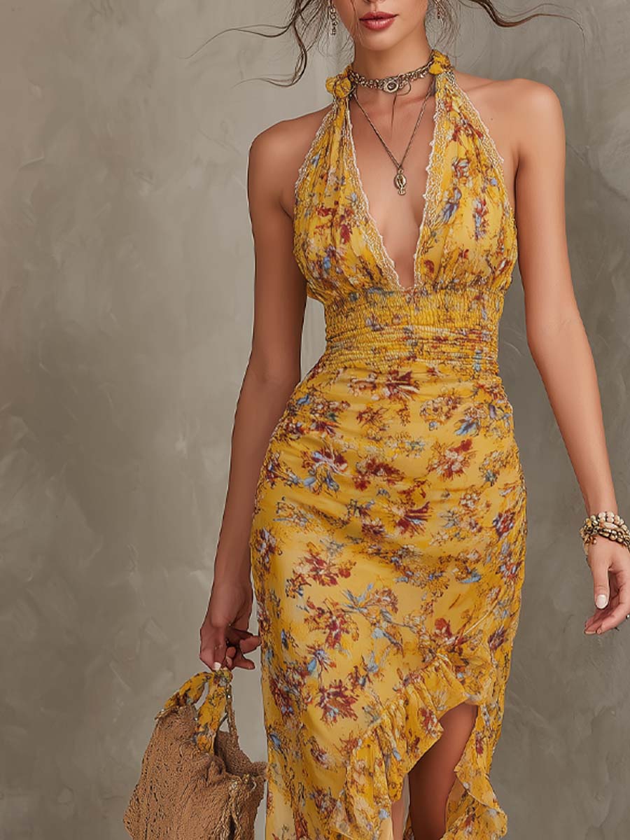 Damenkleid in Gelb mit Neckholder und Blumenprint in Seitenansicht