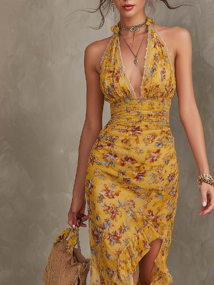 Damenkleid in Gelb mit Neckholder und Blumenprint in Seitenansicht