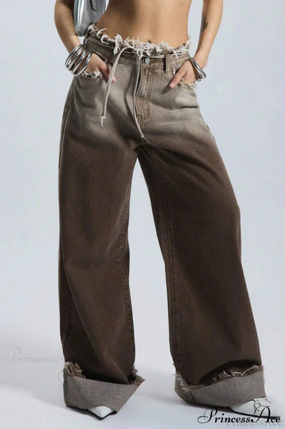 Damen Wide Leg Jeans Mit Ombre Look Und Fransenbund