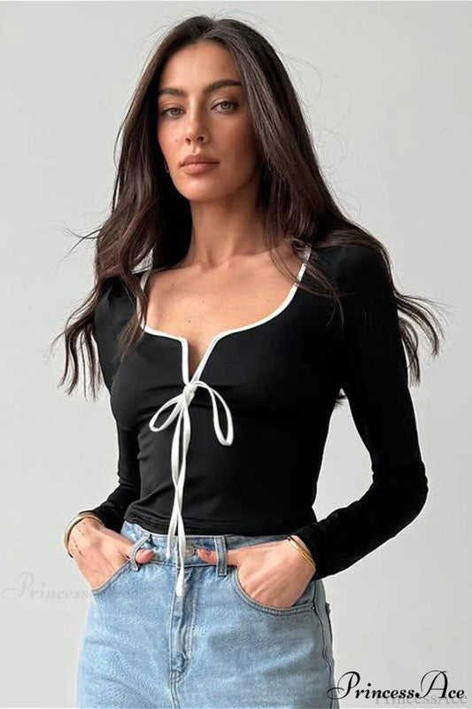 Damen Crop Top mit Raffungen und Bindeband vorne, Langarm