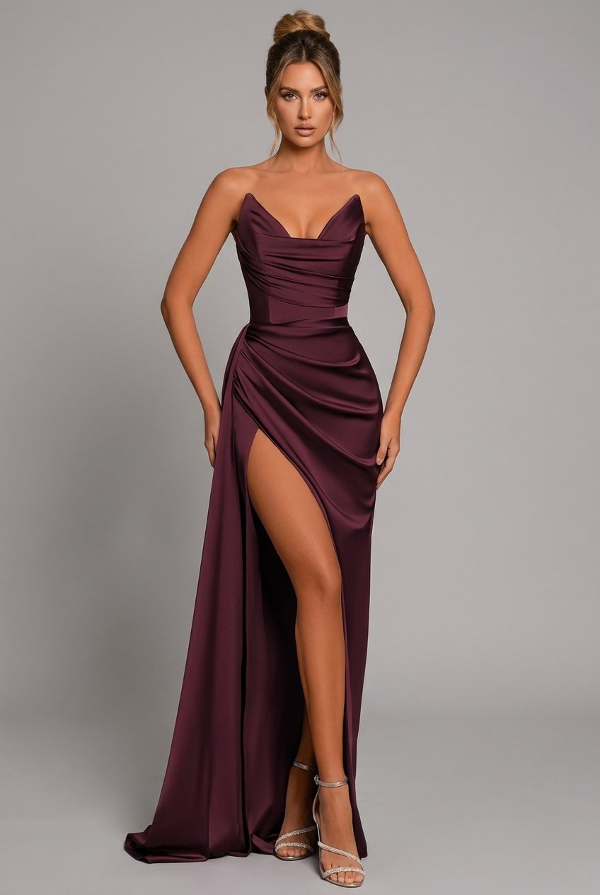 Elegantes Satin-Maxikleid für Damen mit geraffter Taille