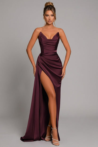 Damen Satin Maxikleid Mit Raffdetail Und Schlitz