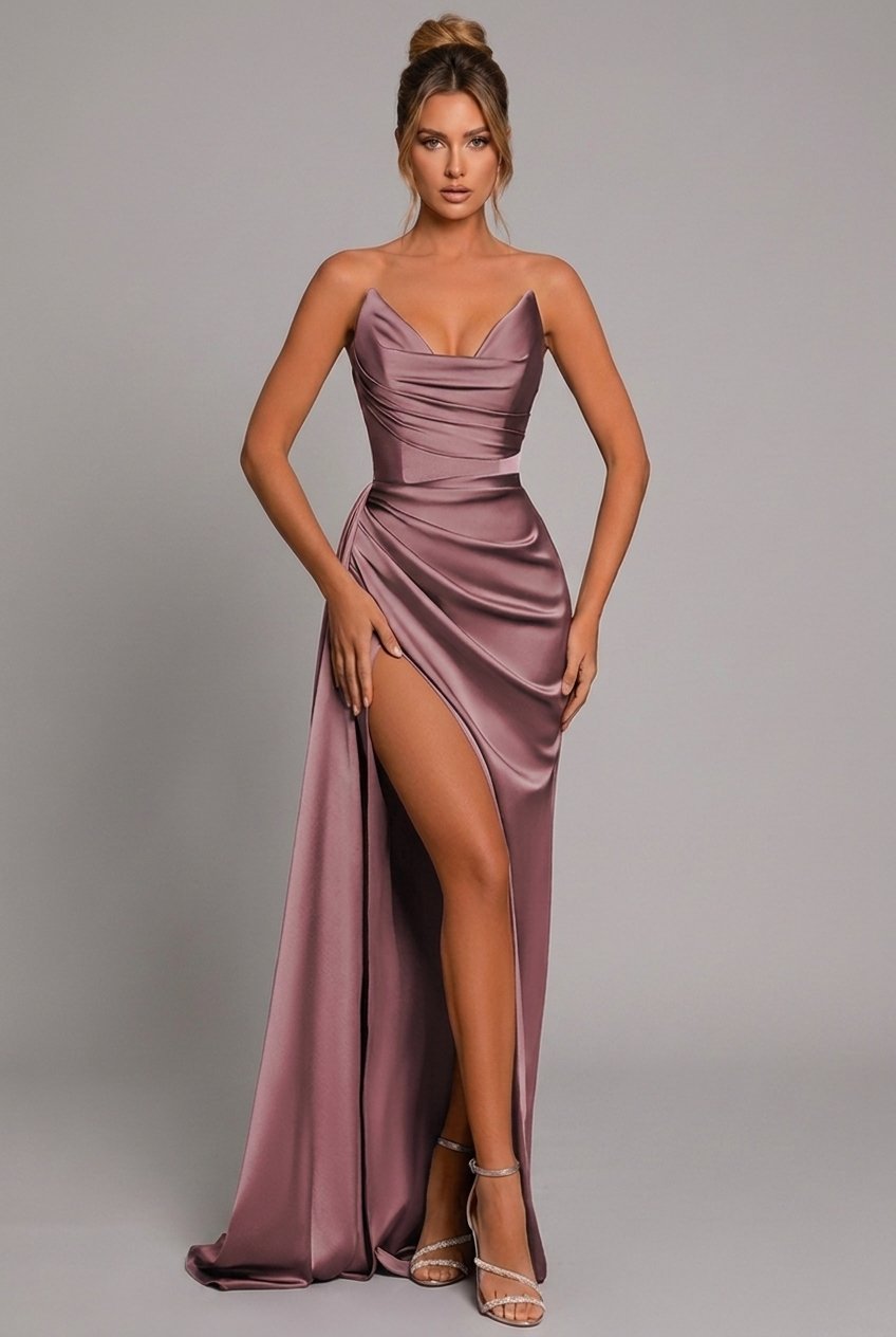Detailansicht des Raffdetails am Damen-Satin-Maxikleid