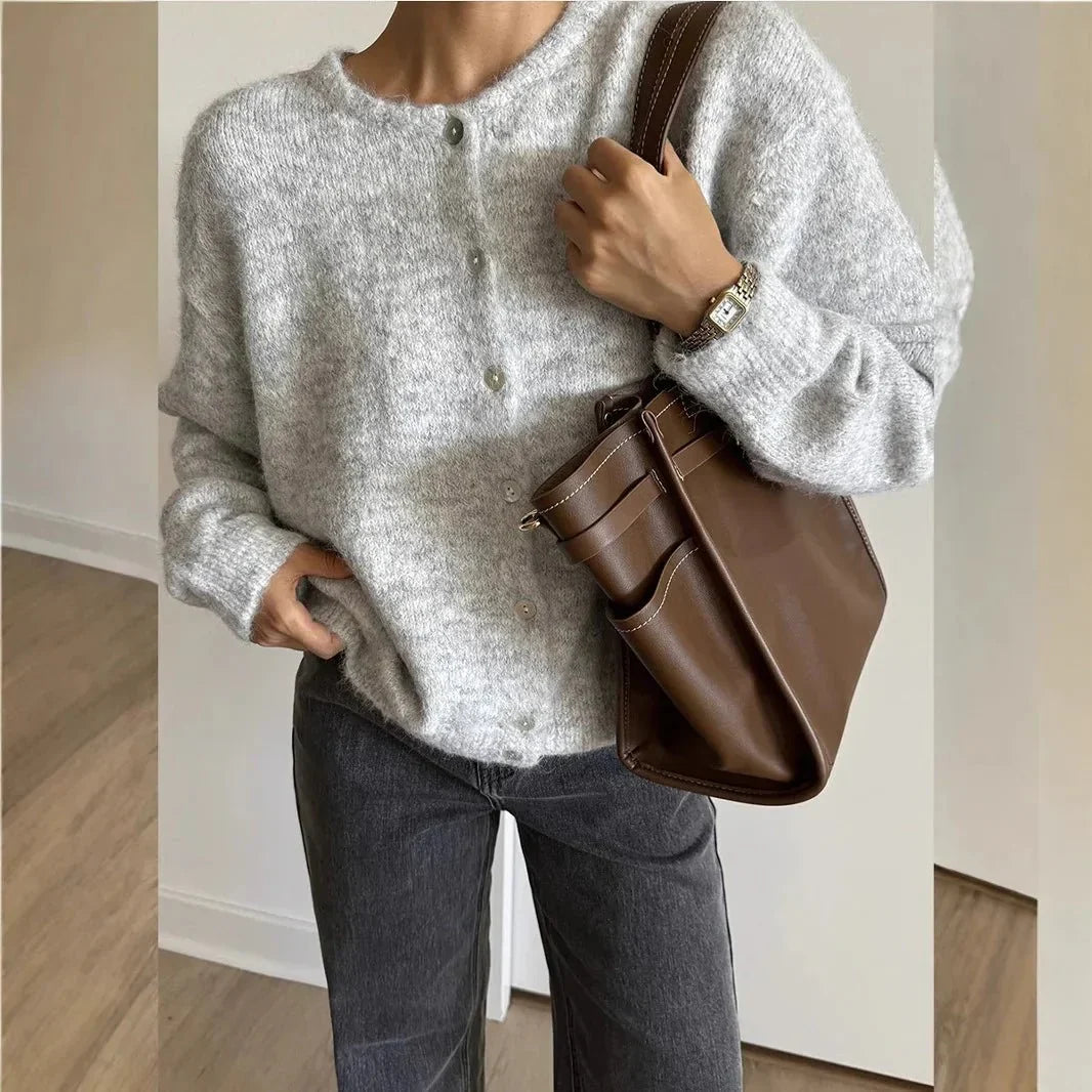 Damen Strickcardigan Mit Rundhals Und Knopfleiste