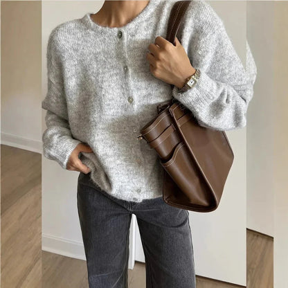 Damen Strickcardigan Mit Rundhals Und Knopfleiste