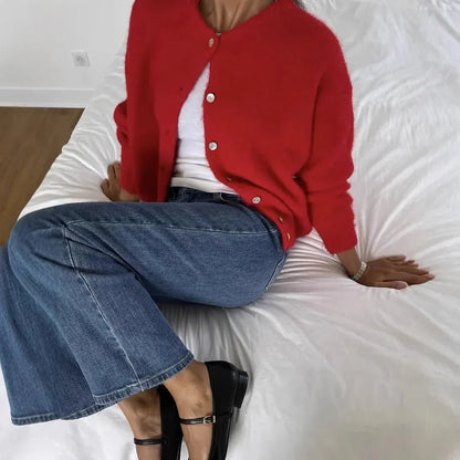 Damen Strickcardigan Mit Rundhals Und Knopfleiste