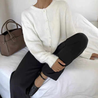 Damen-Strickcardigan mit Rundhals, langen Ärmeln und vorderer Knopfleiste