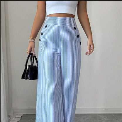 Damenhose aus Leinen mit hohem Bund und geradem Bein im Detail