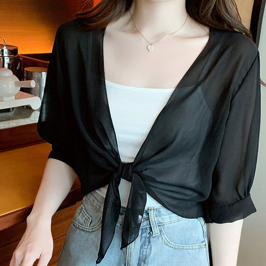 Damen Cardigan aus Chiffon mit Bindeband für elegante Freizeit- und Abendlooks
