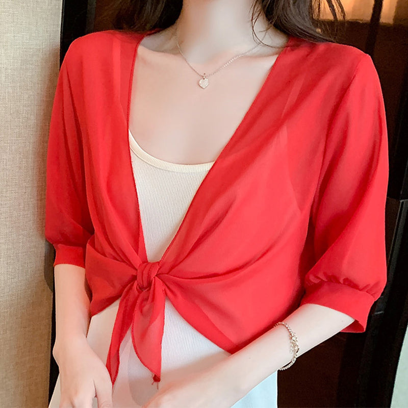 Eleganter Damen Kurzcardigan aus Chiffon mit Bindeband als luftiger Überwurf