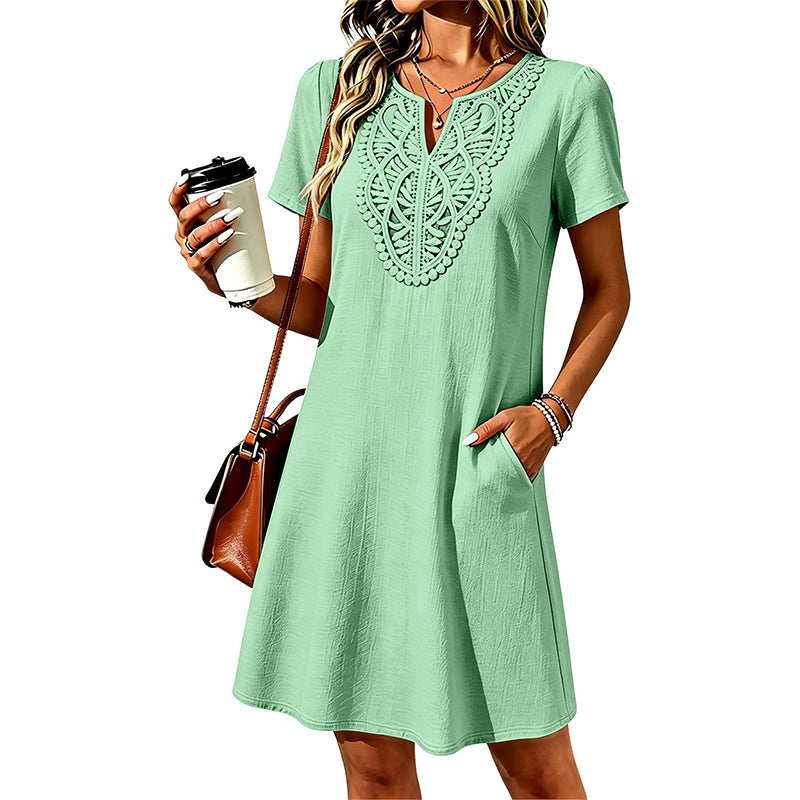 Damen Sommerkleid im T-Shirt-Stil mit V-Ausschnitt und Spitze