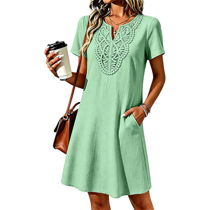 Damen T Shirt Kleid Boho Mit Spitze Und V Ausschnitt