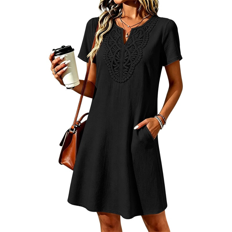 Damen T Shirt Kleid Boho Mit Spitze Und V Ausschnitt