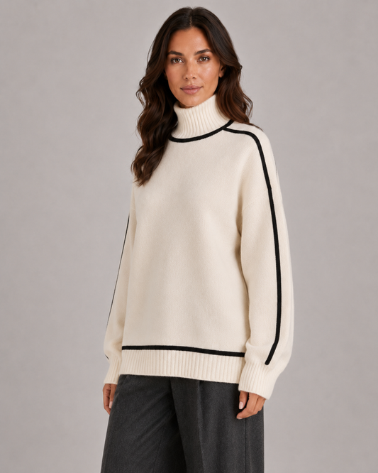 Damenpullover im Oversize-Schnitt mit hohem Rollkragen und Kontrastpaspel