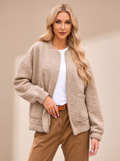 Damen Stepp-Bomberjacke in Beige mit Reißverschluss und geripptem Bund