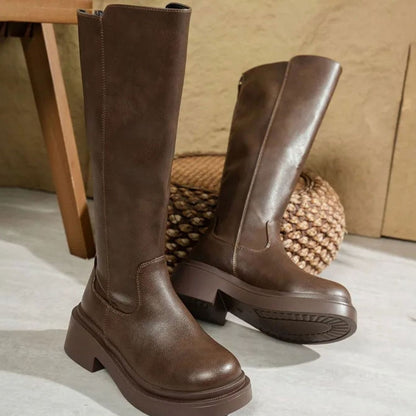 Damen Kniehohe Kunstlederstiefel Mit Blockabsatz