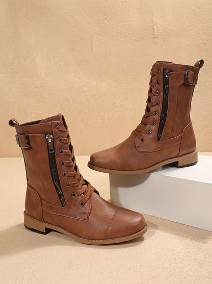 Damen Combat Boots Aus Kunstleder Mit Schnürung