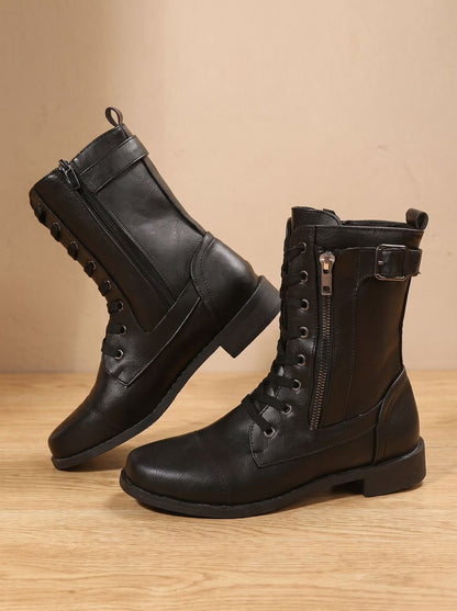 Damen Combat Boots Aus Kunstleder Mit Schnürung