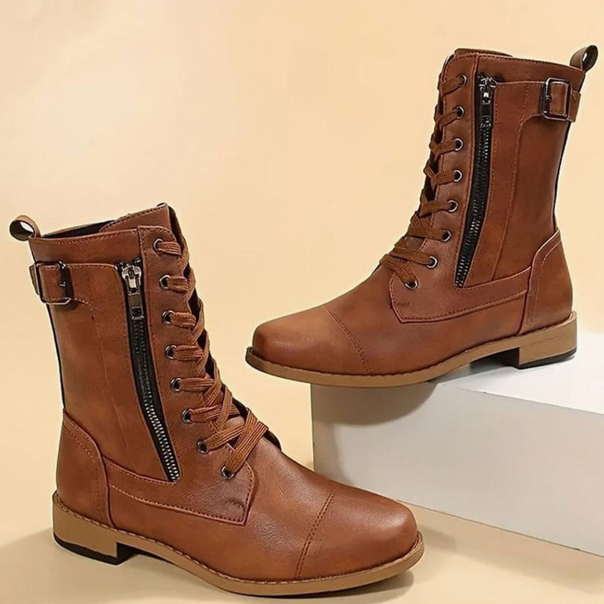 Damen Schnürboots Mit Seitenreißverschluss Aus Kunstleder