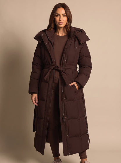 Damen Lange Steppjacke Mit Kapuze Und Gürtel