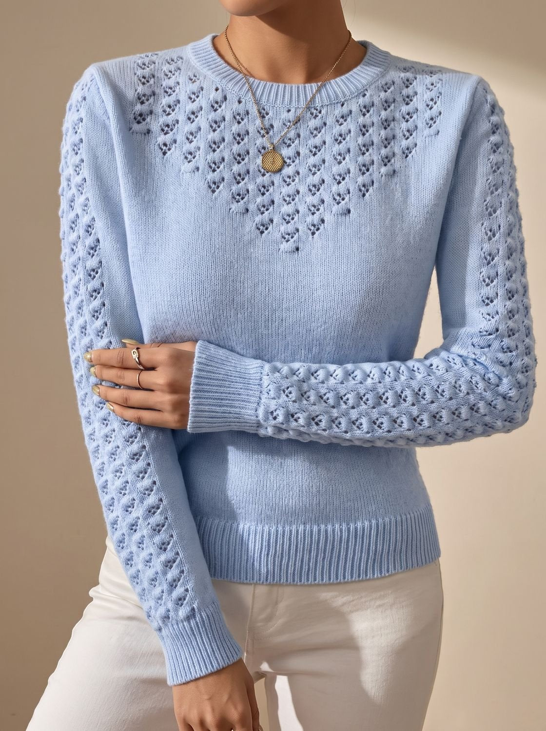Damen Pointelle Strickpullover Cropped Mit Rundhalsausschnitt