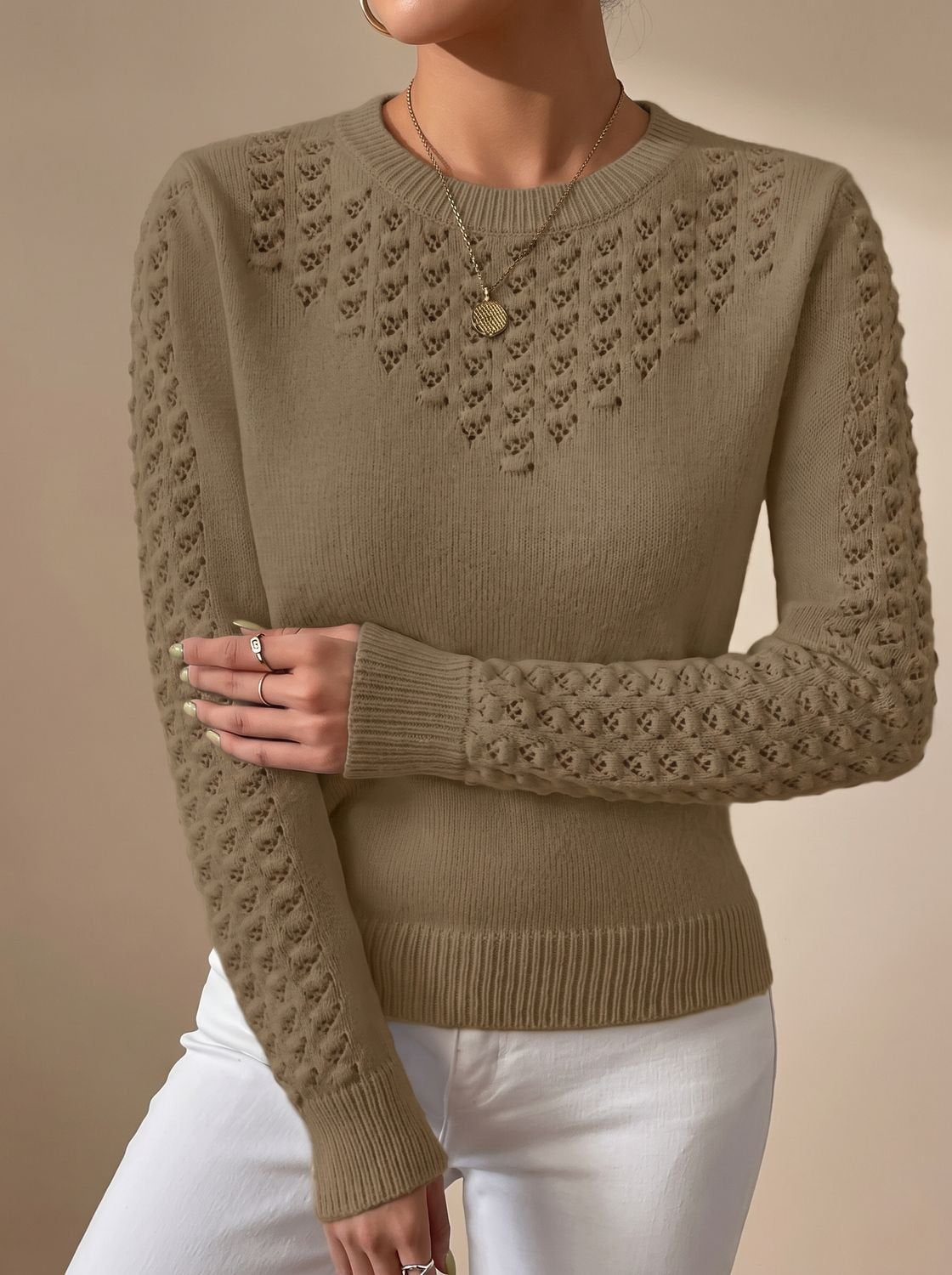 Damen Pointelle Strickpullover Cropped Mit Rundhalsausschnitt