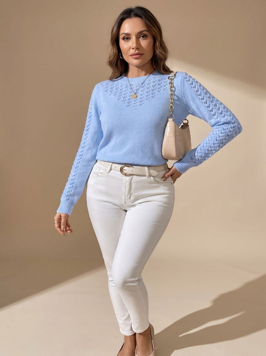 Damen-Pointelle-Strickpullover mit Cropped-Schnitt und Rundhalsausschnitt