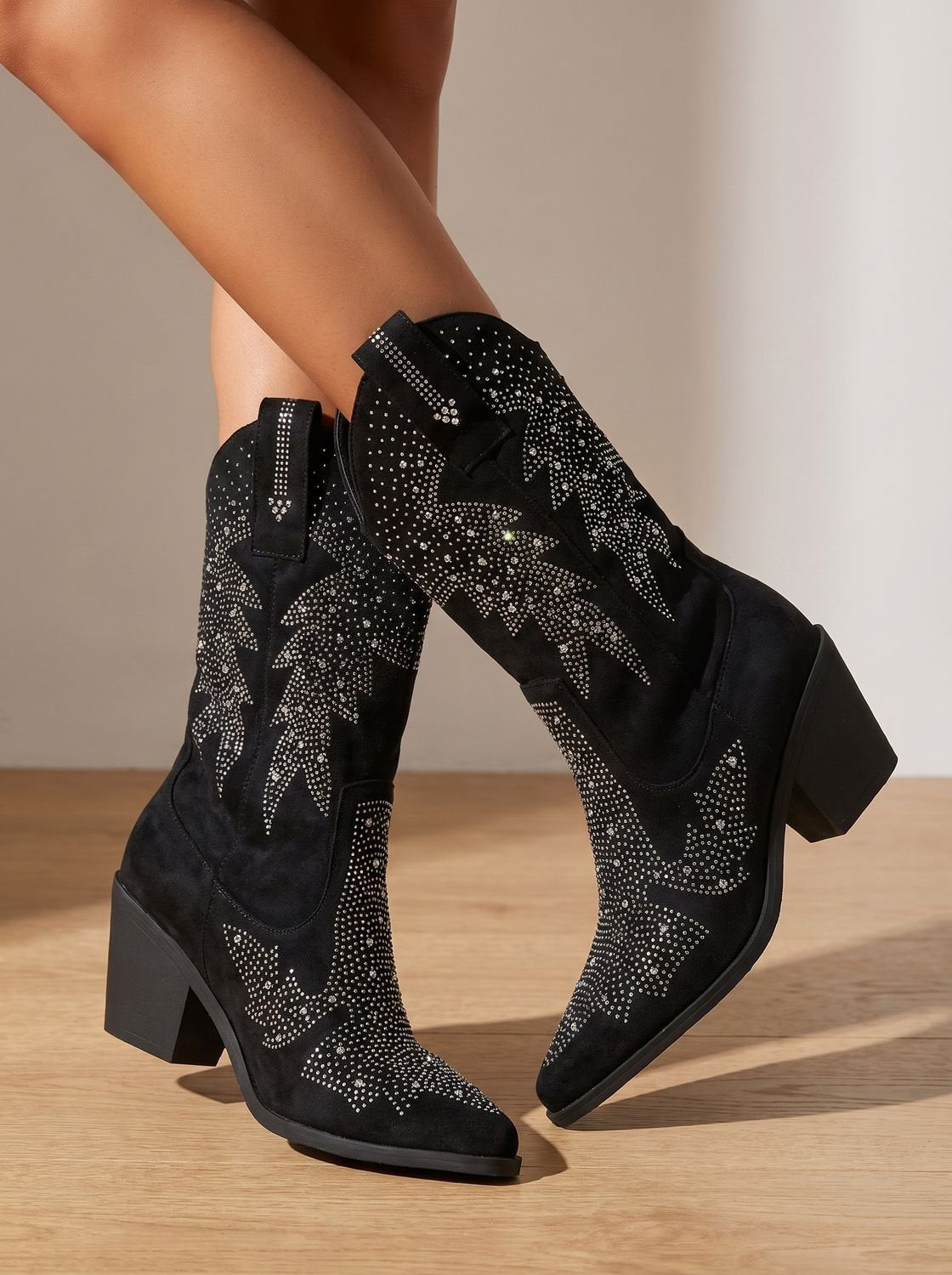 Damen-Cowboy-Boots mit funkelndem Strassbesatz und elegantem Blockabsatz